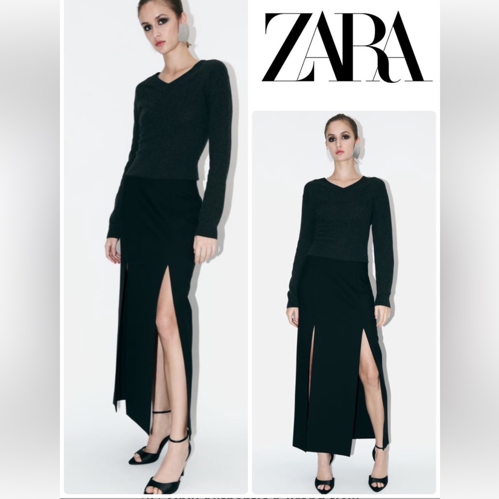 Zara Black Slit 100% Wool high waist Midi Skirt size XS ZW Collection NWT - Picture 2 of 15